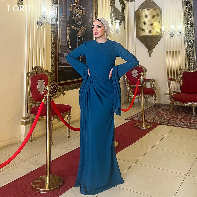 LORIE Chic Blue Evening Dresses Full Sleeve Draped Saudi Arabic Party Dress Elegant Chiffon Floor-Length Prom Gowns Customized 
LORIE Chic Blue Evening Dresses Full Sleeve Draped Saudi Arabic Party Dress Elegant Chiffon Floor-Length Prom Gowns Customized