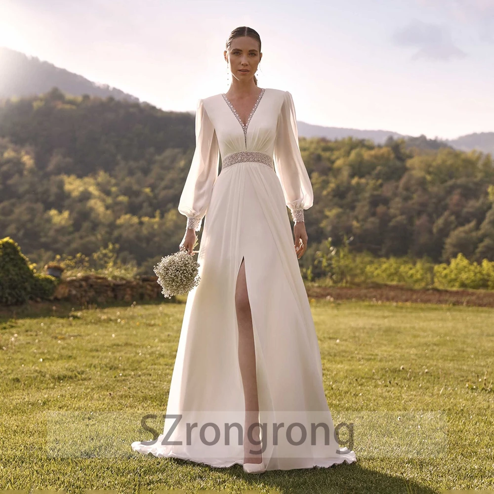 Custom Made Bohemaid V-neck Long Sleeve Lace Wedding Dress Chiffon A-line Button Floor Length Bridal Dress Front Slit with Court
Custom Made Bohemaid V-neck Long Sleeve Lace Wedding Dress Chiffon A-line Button Floor Length Bridal Dress Front Slit with Court