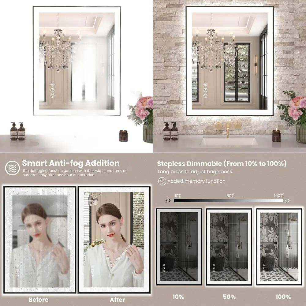 24x30 LED-Illuminated Bathroom Mirror with Black Frame, Step-Dimmable, Anti-Fog, Shatter-Resistant, 3 Colors, Memory Function
24x30 LED-Illuminated Bathroom Mirror with Black Frame, Step-Dimmable, Anti-Fog, Shatter-Resistant, 3 Colors, Memory Function
