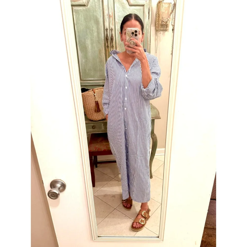 Women's Maxi Shirt Dress Casual Striped Dress dolman batwing Sleeve Button Down Loose Cotton Maxi Loose Dress
Women's Maxi Shirt Dress Casual Striped Dress dolman batwing Sleeve Button Down Loose Cotton Maxi Loose Dress