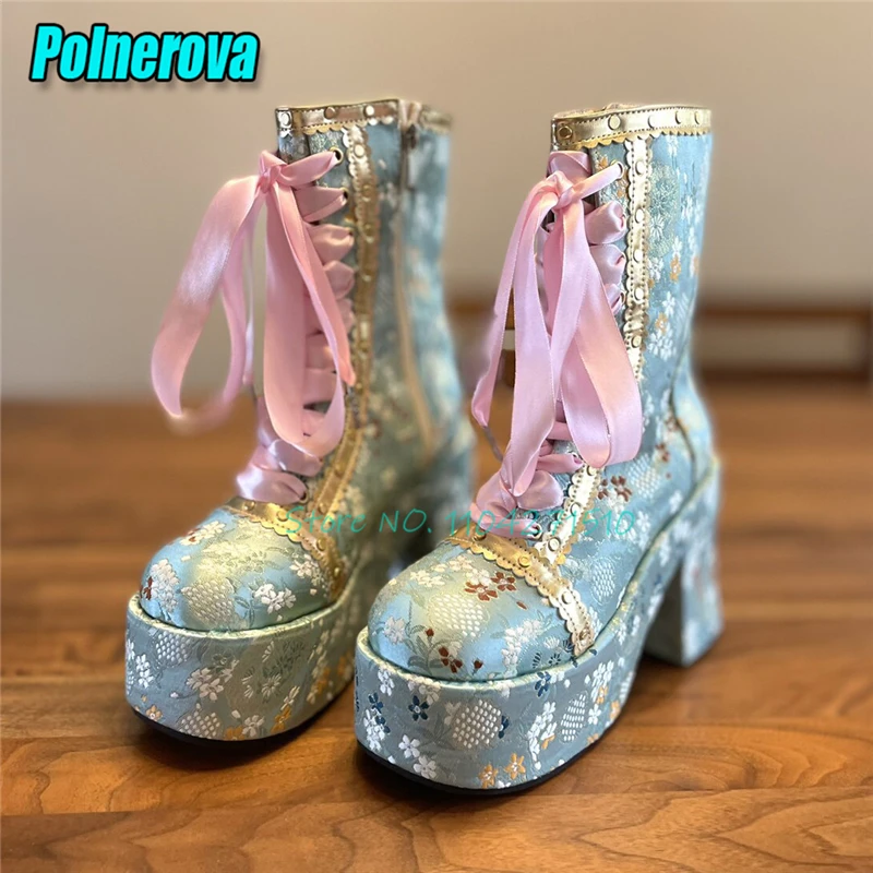 Satin Embroidery Chunky Heel Short Boots Luxury Floral Print Round Toe Platform Side Zipper 12CM High Heels Party Runway Shoes
Satin Embroidery Chunky Heel Short Boots Luxury Floral Print Round Toe Platform Side Zipper 12CM High Heels Party Runway Shoes