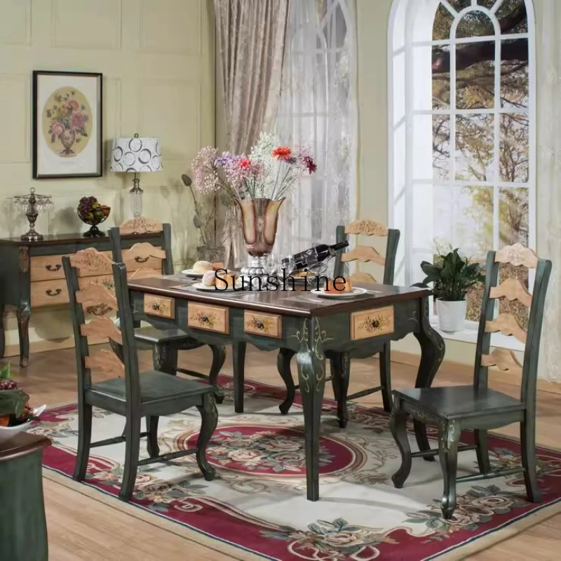 Mediterranean dining table and chairs Home pastoral furniture American rural multi-functional rectangle
Mediterranean dining table and chairs Home pastoral furniture American rural multi-functional rectangle