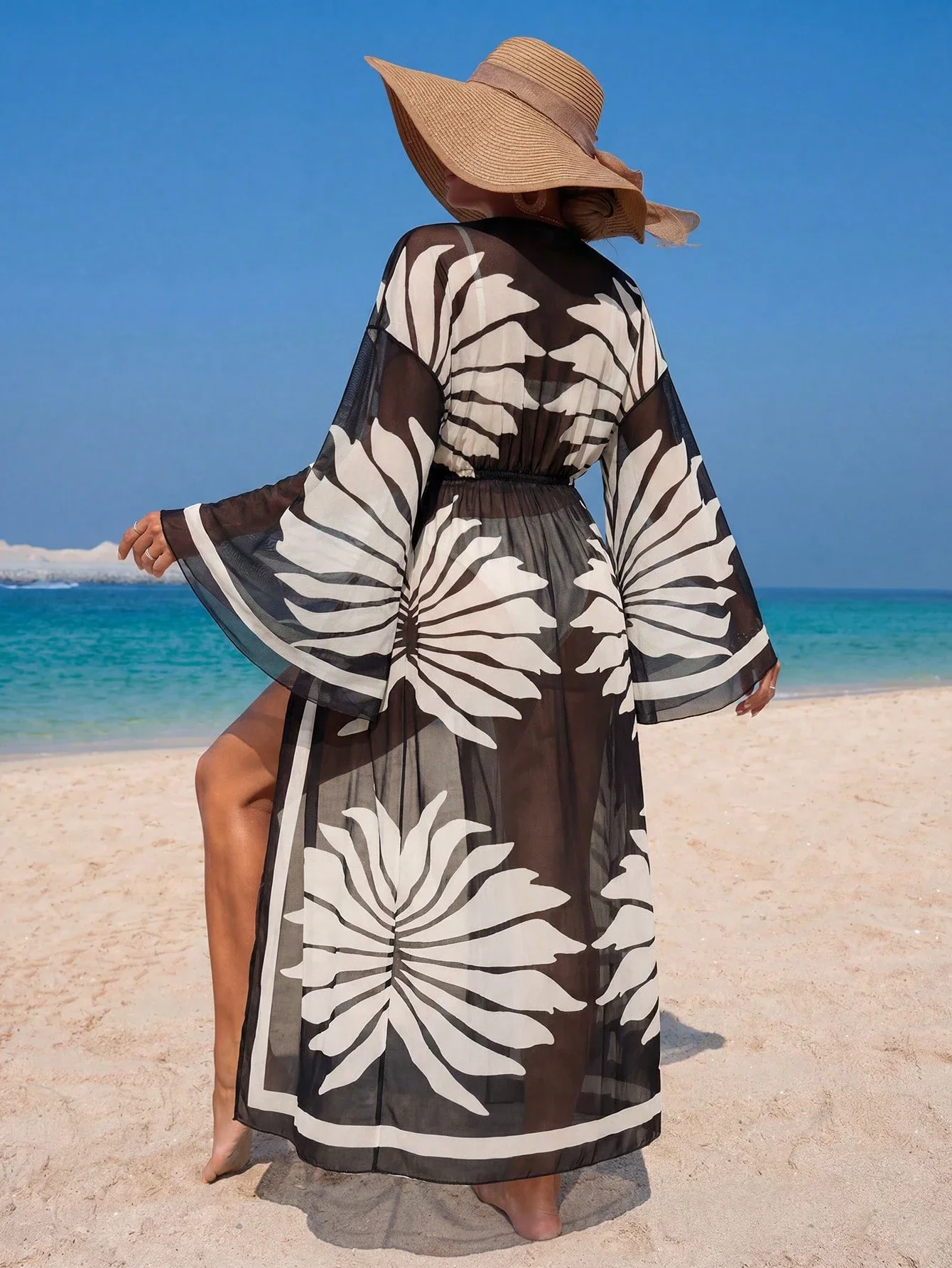 Women's Beach Kimono Robe Floral Print Flare Sleeve Drawstring Waist Mesh Cover Up
Women's Beach Kimono Robe Floral Print Flare Sleeve Drawstring Waist Mesh Cover Up