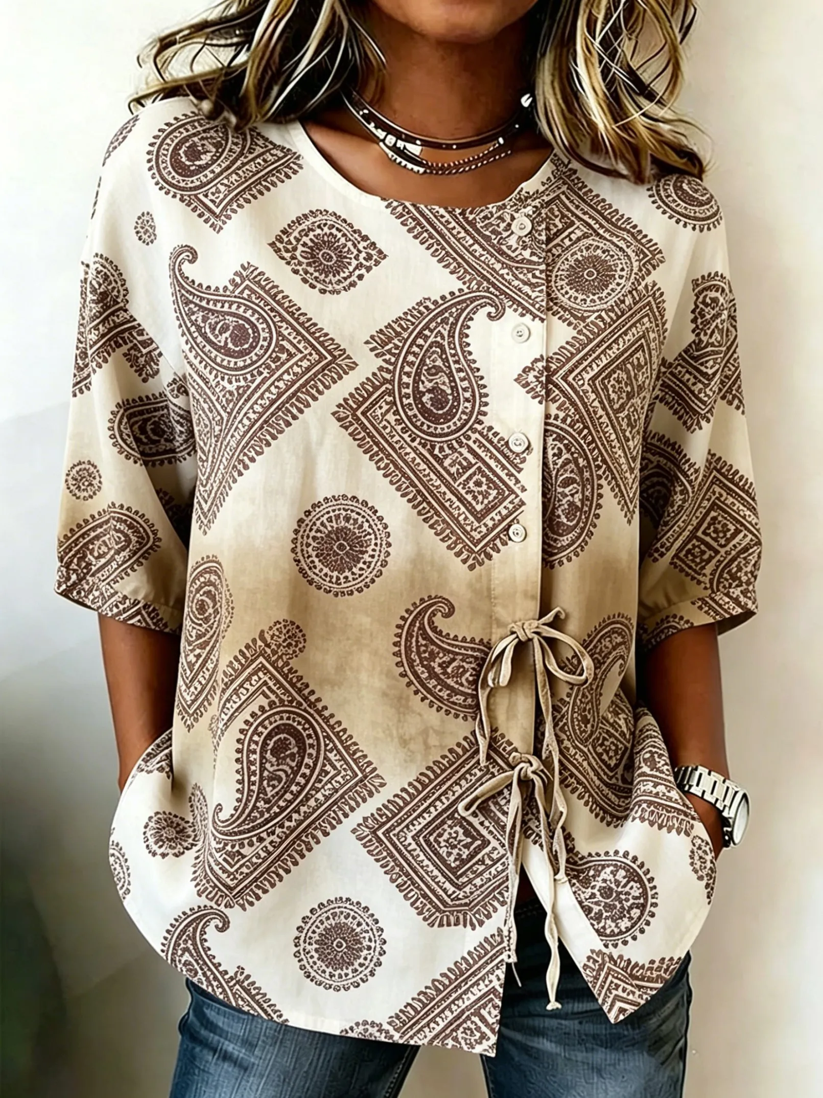 Women's Beige Vintage Paisley Print Drawstring Button Up Blouse, Casual Round Neck Tops for Spring Summer Daily Vacation Wear
Women's Beige Vintage Paisley Print Drawstring Button Up Blouse, Casual Round Neck Tops for Spring Summer Daily Vacation Wear