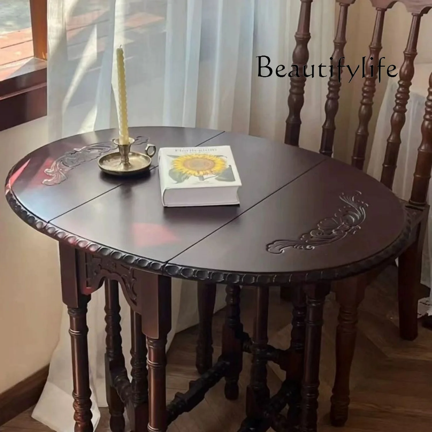 Oval medieval table French butterfly retro folding solid wood dining table balcony small apartment coffee
Oval medieval table French butterfly retro folding solid wood dining table balcony small apartment coffee
