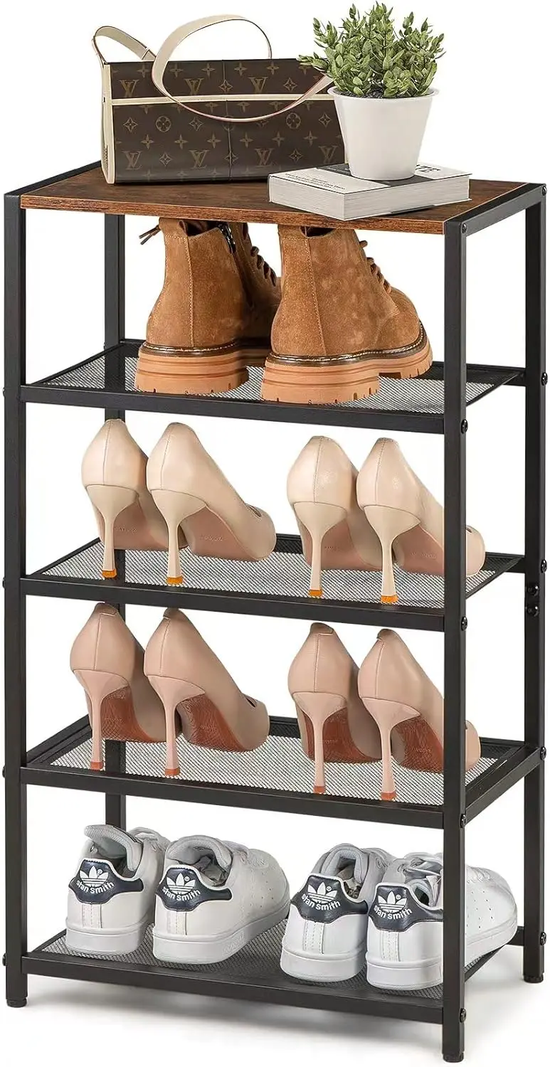 Compact 4-Tier Shoe Rack with Metal Mesh Shelves and Wooden Top, Holds 10 Pairs for Entryway or Closet Storage
Compact 4-Tier Shoe Rack with Metal Mesh Shelves and Wooden Top, Holds 10 Pairs for Entryway or Closet Storage