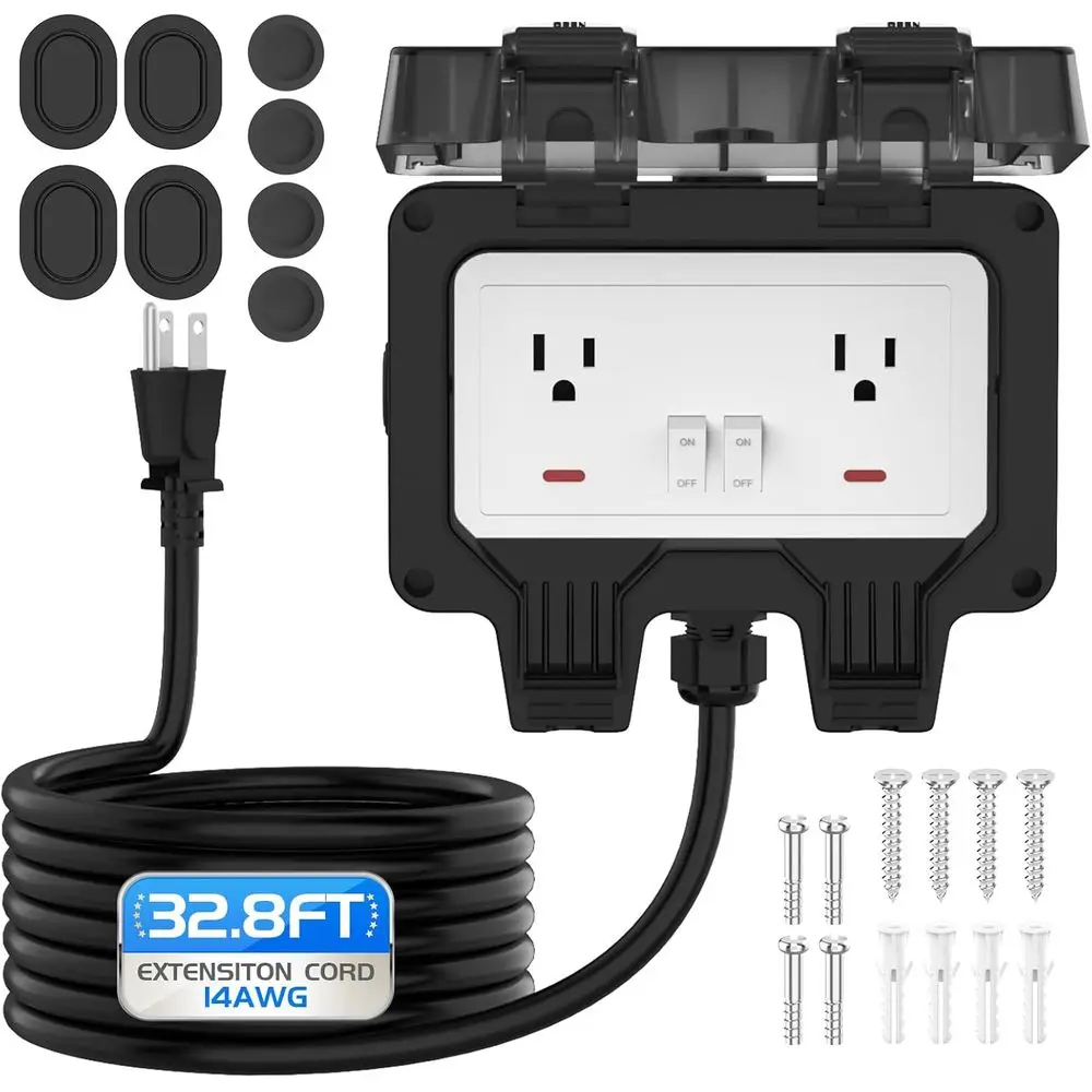 Weatherproof Outdoor Power Outlet Extender with 32.8ft Cord, NEMA 5-15R, 14 AWG, LED Indicator, Suitable for Yard & Outdoor Use
Weatherproof Outdoor Power Outlet Extender with 32.8ft Cord, NEMA 5-15R, 14 AWG, LED Indicator, Suitable for Yard & Outdoor Use