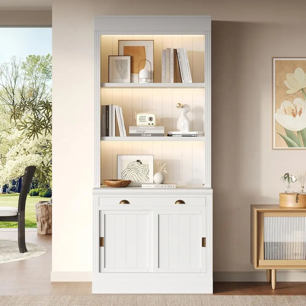 83.4 High Wooden Bookshelf with LED Lights, Sliding Doors, and Open Shelves for Living Room or Home Office, White
83.4 High Wooden Bookshelf with LED Lights, Sliding Doors, and Open Shelves for Living Room or Home Office, White