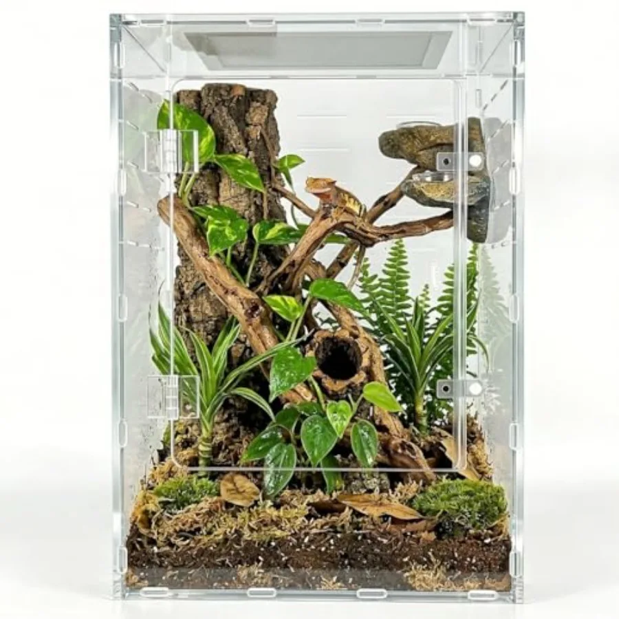 Reptile enclosure for arboreal species, clear acrylic, black, front-opening doors with secure lock and screen top ventilation
Reptile enclosure for arboreal species, clear acrylic, black, front-opening doors with secure lock and screen top ventilation