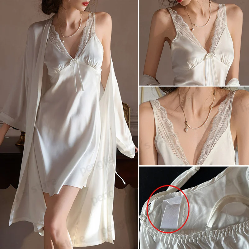 Women Nightgown Robe Set White Bride Wedding Dress Sexy Lace Splicing Sleepwear Satin 2Pcs Kimono Bathrobe Lady Elegant Lingerie
Women Nightgown Robe Set White Bride Wedding Dress Sexy Lace Splicing Sleepwear Satin 2Pcs Kimono Bathrobe Lady Elegant Lingerie
