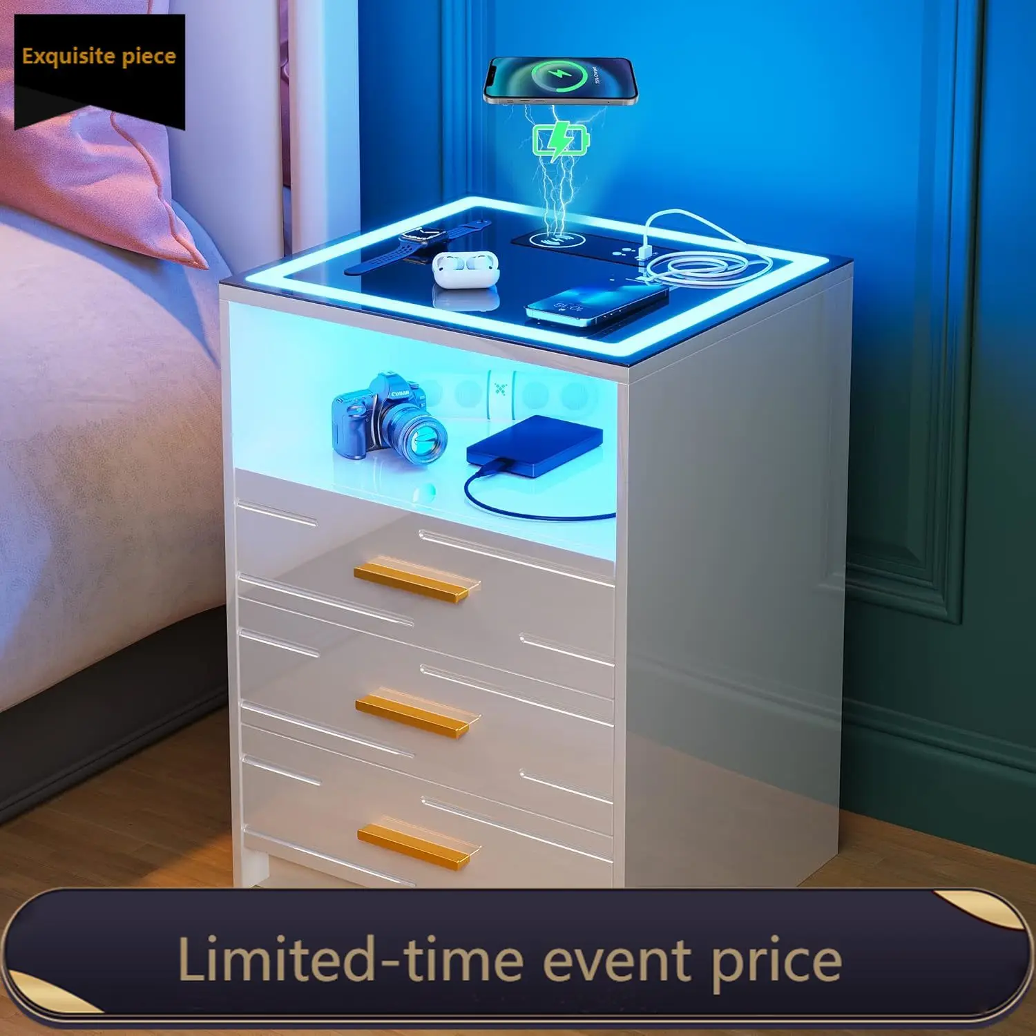 White High Gloss Nightstand with Wireless Charging Station LED for Bedroom Bedside Table with 3 Color Dimmable Auto Sensor USB T
White High Gloss Nightstand with Wireless Charging Station LED for Bedroom Bedside Table with 3 Color Dimmable Auto Sensor USB T