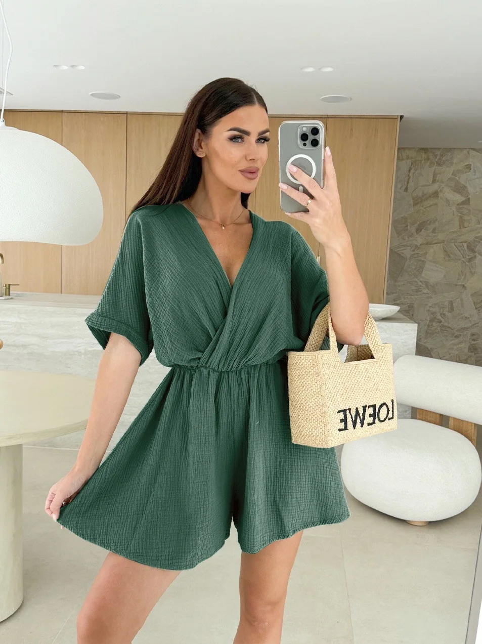 Women Fashion Cross V Neck Fashion Short Sleeve Jumpsuits Women Loose Casual Elegant Playsuits Casual Office Simple Rompers
Women Fashion Cross V Neck Fashion Short Sleeve Jumpsuits Women Loose Casual Elegant Playsuits Casual Office Simple Rompers