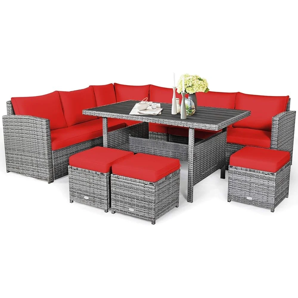 7 Piece Outdoor Rattan Sofa Set All Weather Cushioned Sectional Patio Furniture with Dining Table and Ottomans
7 Piece Outdoor Rattan Sofa Set All Weather Cushioned Sectional Patio Furniture with Dining Table and Ottomans