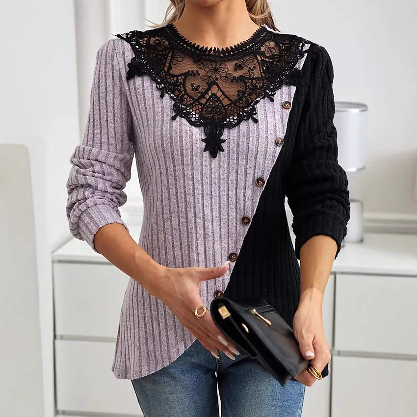2025 Spring Autumn Women's T-shirtLace O-Neck Hollow Color Blocking Pit Strip Cross Hem Long Sleeve Knitted Tees
2025 Spring Autumn Women's T-shirtLace O-Neck Hollow Color Blocking Pit Strip Cross Hem Long Sleeve Knitted Tees