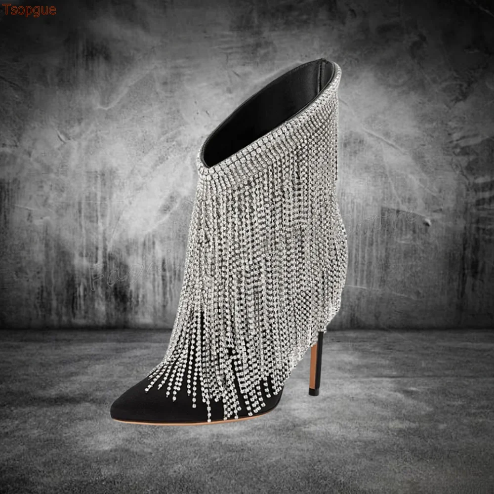 Black Crystal Tassels Decor Pointed Toe Boots Stilettos High Heels High Heel Shoes for Women Heels 2025 New Zapatos Para Mujere
Black Crystal Tassels Decor Pointed Toe Boots Stilettos High Heels High Heel Shoes for Women Heels 2025 New Zapatos Para Mujere