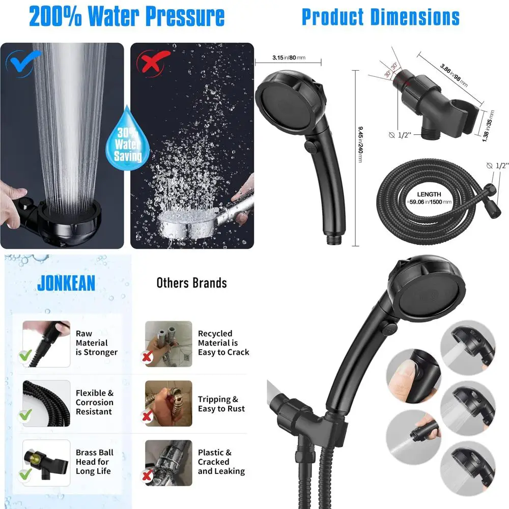 Adjustable 3-Setting High-Pressure Shower Head, Water-Saving Handheld with Hose and On/Off, Black
Adjustable 3-Setting High-Pressure Shower Head, Water-Saving Handheld with Hose and On/Off, Black