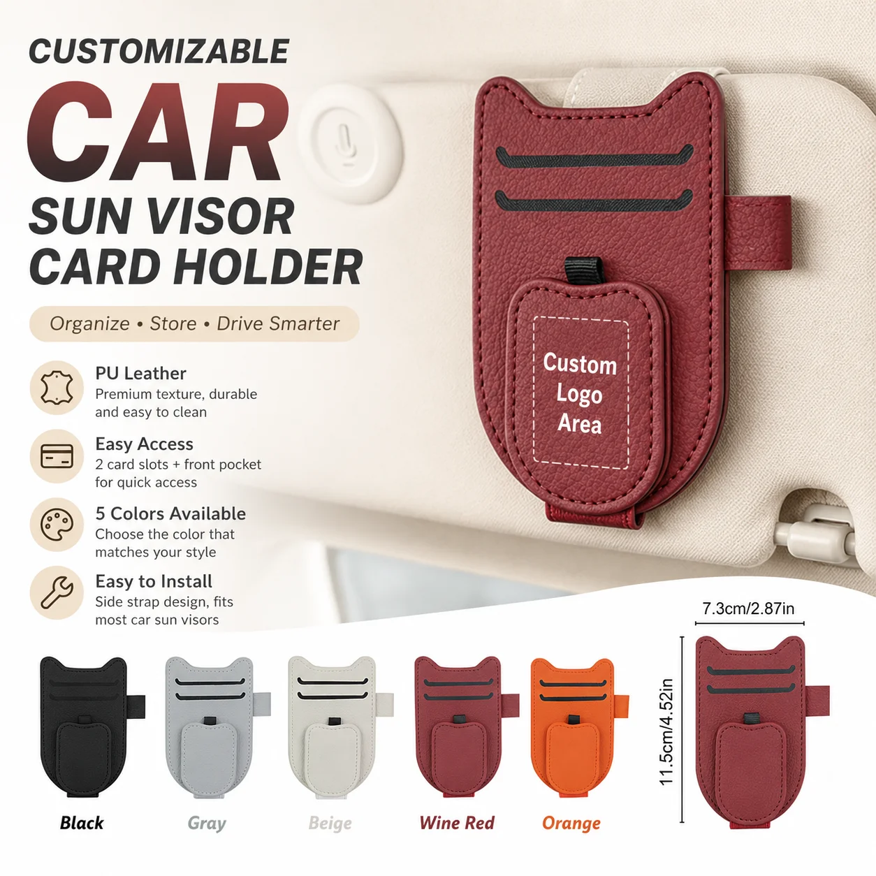 Custom Logo PU Leather Car Sun Visor Card Holder, for Storage Organizer for Cards & Small Items Custom Text Sunglasses Clip
Custom Logo PU Leather Car Sun Visor Card Holder, for Storage Organizer for Cards & Small Items Custom Text Sunglasses Clip