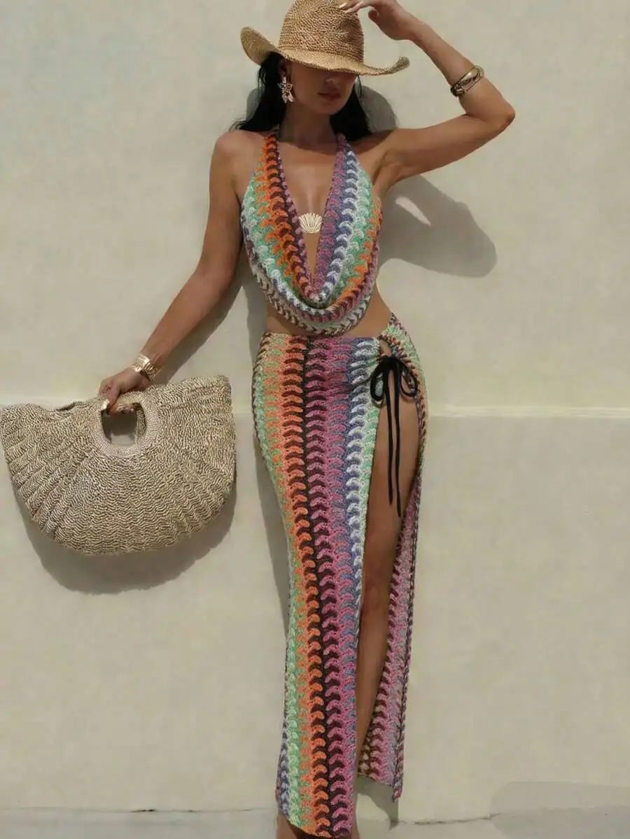Crochet Halter Neck Two Piece Set With Side Tie Skirt Beach Vacation Outfit
Crochet Halter Neck Two Piece Set With Side Tie Skirt Beach Vacation Outfit