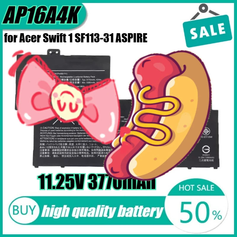 11.25V 42Wh 3770mAh AP16A4K Laptop Battery for Acer Swift 1 SF113-31 ASPIRE N16Q9 AO1-132
11.25V 42Wh 3770mAh AP16A4K Laptop Battery for Acer Swift 1 SF113-31 ASPIRE N16Q9 AO1-132
