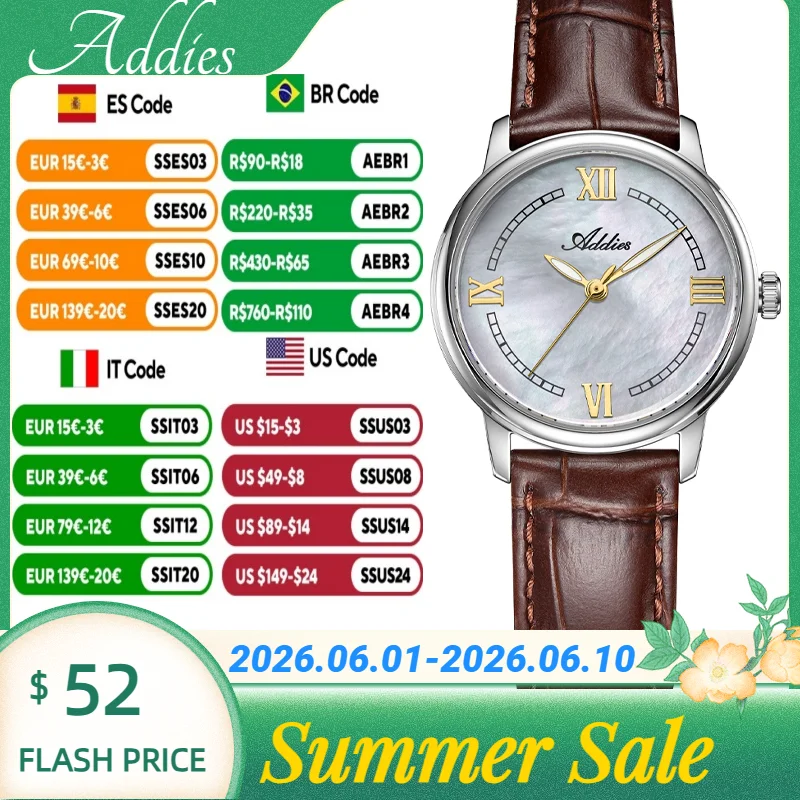 Addies 5Bar Waterproof Sapphire Glass Watches Mother of Pearl Dial Stainless Steel Women's Quartz Watch Japan GL32 Wristwatches
Addies 5Bar Waterproof Sapphire Glass Watches Mother of Pearl Dial Stainless Steel Women's Quartz Watch Japan GL32 Wristwatches