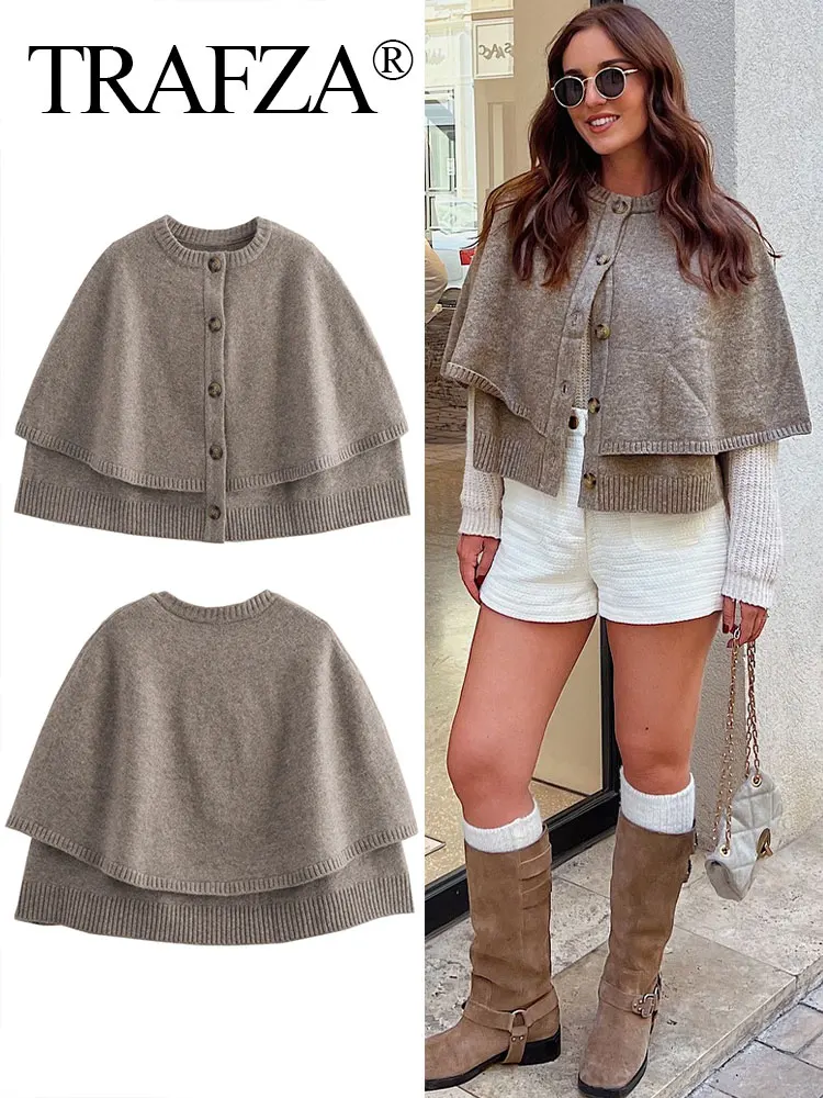 TRAFZA Casual Knit Cape Cardigan For Women O-neck 2025 Spring Short Ponchos Coat Single Breasted Solid Woman Sweater Knitwear
TRAFZA Casual Knit Cape Cardigan For Women O-neck 2025 Spring Short Ponchos Coat Single Breasted Solid Woman Sweater Knitwear