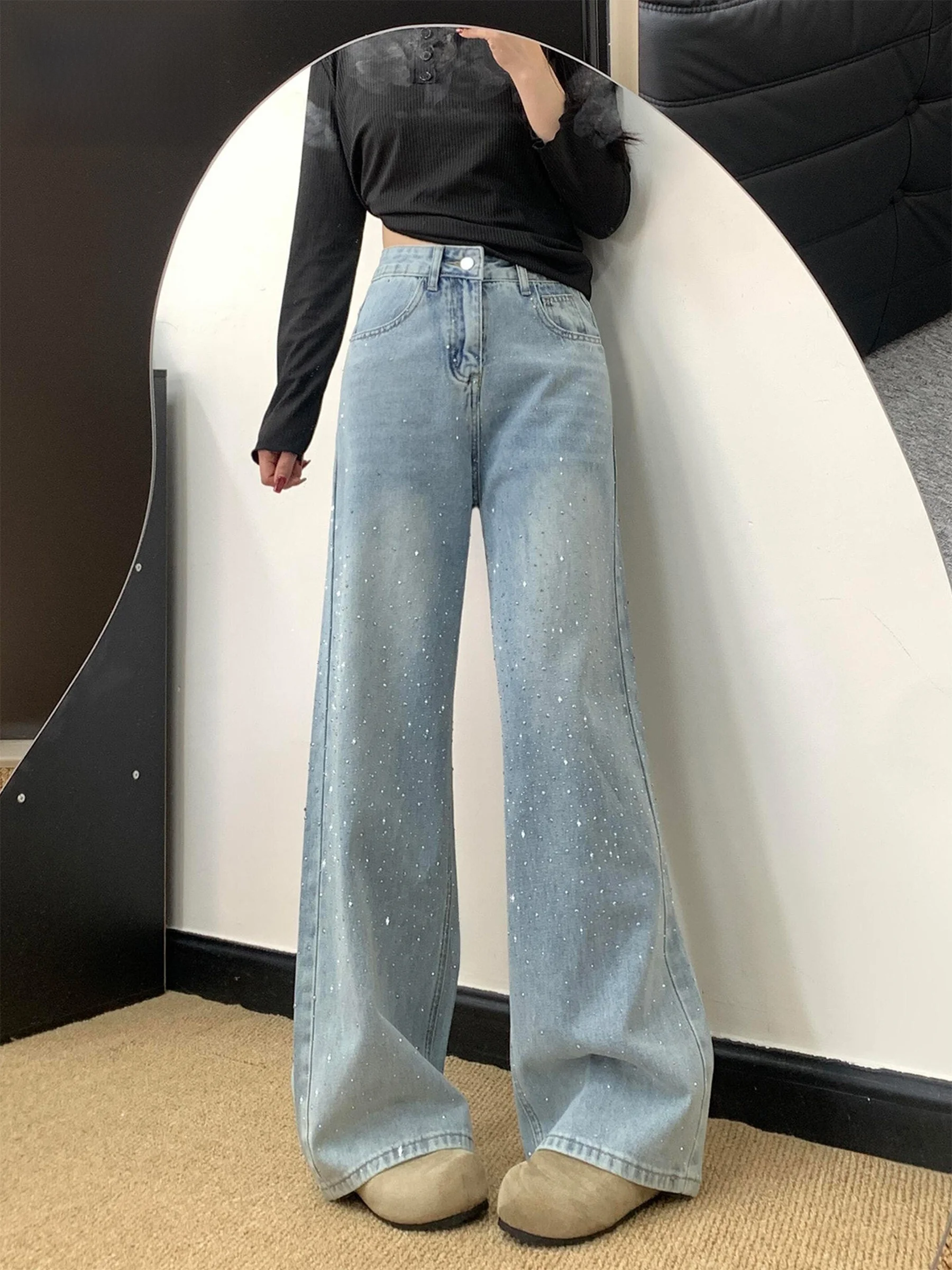 Blue American Washed Rhinestone Straight Leg Jeans Women's Loose Slim Wide Leg Pants High Waist Casual Spring Summer
Blue American Washed Rhinestone Straight Leg Jeans Women's Loose Slim Wide Leg Pants High Waist Casual Spring Summer