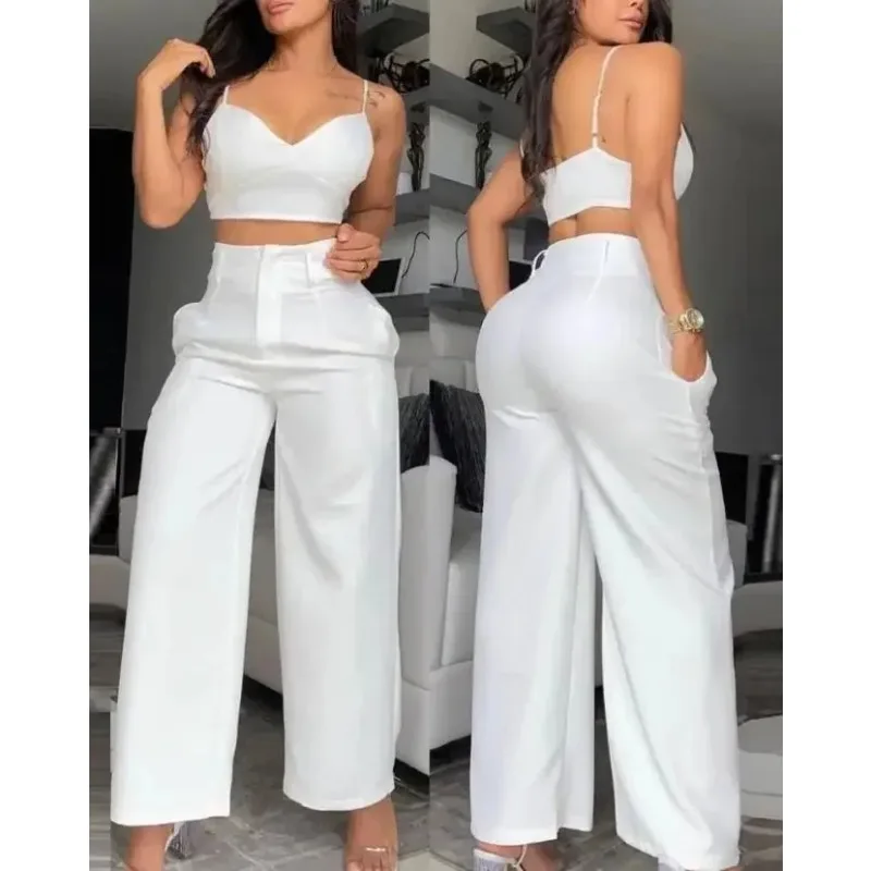 Women Outfit Spaghetti Strap Crop Cami Top & Casual Pocket Design High Waist Wide Leg Pants Set Fashion Two Piece Set Summer
Women Outfit Spaghetti Strap Crop Cami Top & Casual Pocket Design High Waist Wide Leg Pants Set Fashion Two Piece Set Summer