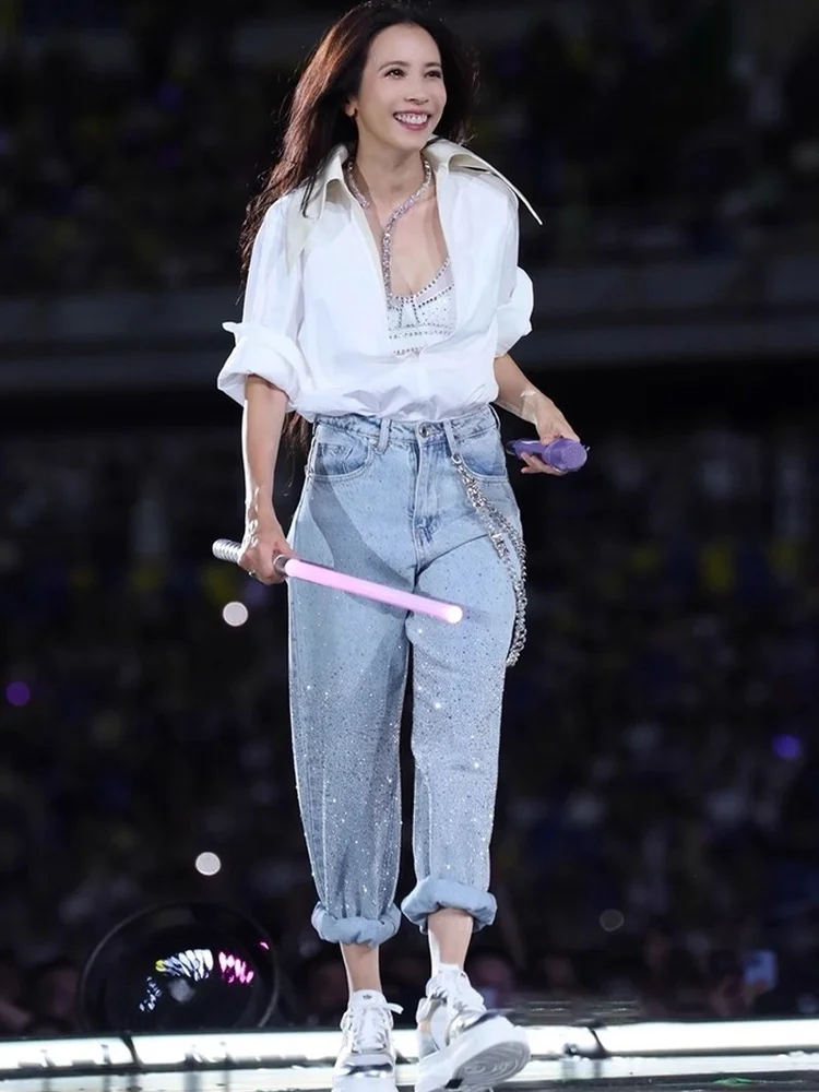Simple White Shirt Women's Blue Heavy Embellished Straight Leg Jeans High Waist Cotton Casual Summer Autumn Ladies Jeans
Simple White Shirt Women's Blue Heavy Embellished Straight Leg Jeans High Waist Cotton Casual Summer Autumn Ladies Jeans