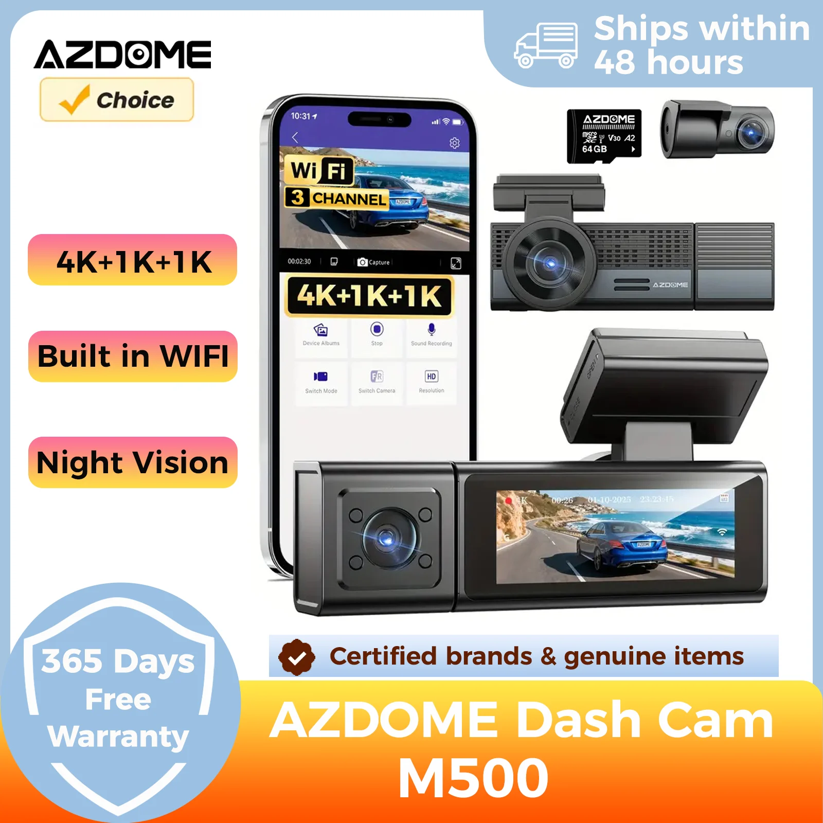 AZDOME M500 4K 3 Channel Dash Cam Front Rear Inside UHD Car DVR Night Vision G-Sensor 24H Parking Monitor Voice Control
AZDOME M500 4K 3 Channel Dash Cam Front Rear Inside UHD Car DVR Night Vision G-Sensor 24H Parking Monitor Voice Control