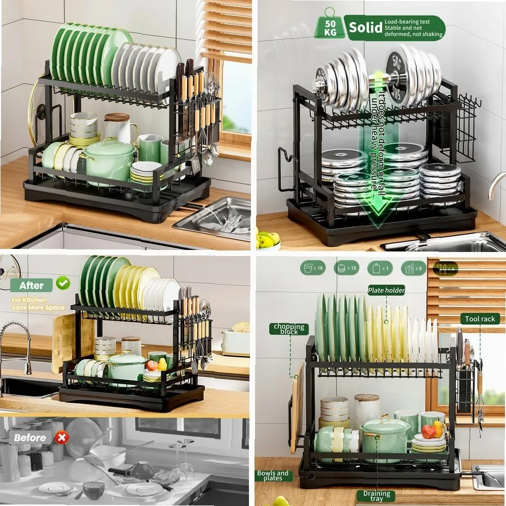 2-Tier Dish Rack with Drainboard, Rustproof 360° Rotating Sprayer, Utensil & Cutting Board Holders, Tool-Free Assembly
2-Tier Dish Rack with Drainboard, Rustproof 360° Rotating Sprayer, Utensil & Cutting Board Holders, Tool-Free Assembly