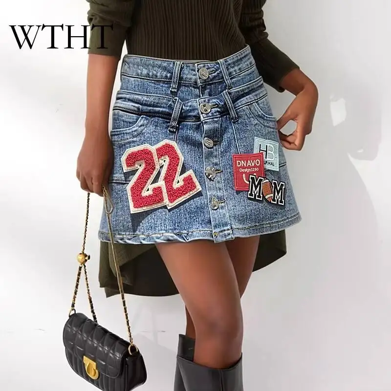 WTHT Vintage Summer 2026 Women Letter Embroidered Fake Two-piece Denim Skirt Single-breasted A-line Mini Skirts Female 1LS3126
WTHT Vintage Summer 2026 Women Letter Embroidered Fake Two-piece Denim Skirt Single-breasted A-line Mini Skirts Female 1LS3126