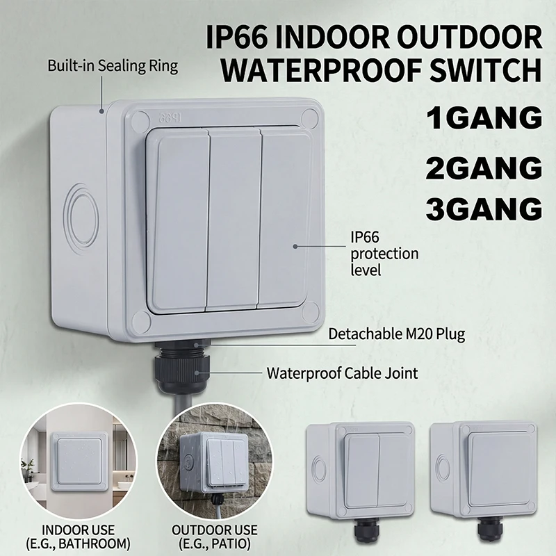 1/2/3 Gang Push Button Switch 16A Power Switch -ON-OFF Weatherproof Outdoor Wall Switches Waterproof Plastic Switches for Home
1/2/3 Gang Push Button Switch 16A Power Switch -ON-OFF Weatherproof Outdoor Wall Switches Waterproof Plastic Switches for Home