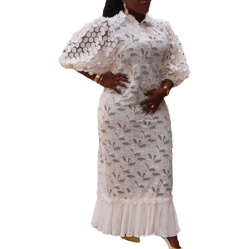 African Wedding Party Dresses for Women Lace White Turn Down Collar Puff Sleeves Pleated Hem Midi Dress Luxury Occasion Clothes
African Wedding Party Dresses for Women Lace White Turn Down Collar Puff Sleeves Pleated Hem Midi Dress Luxury Occasion Clothes