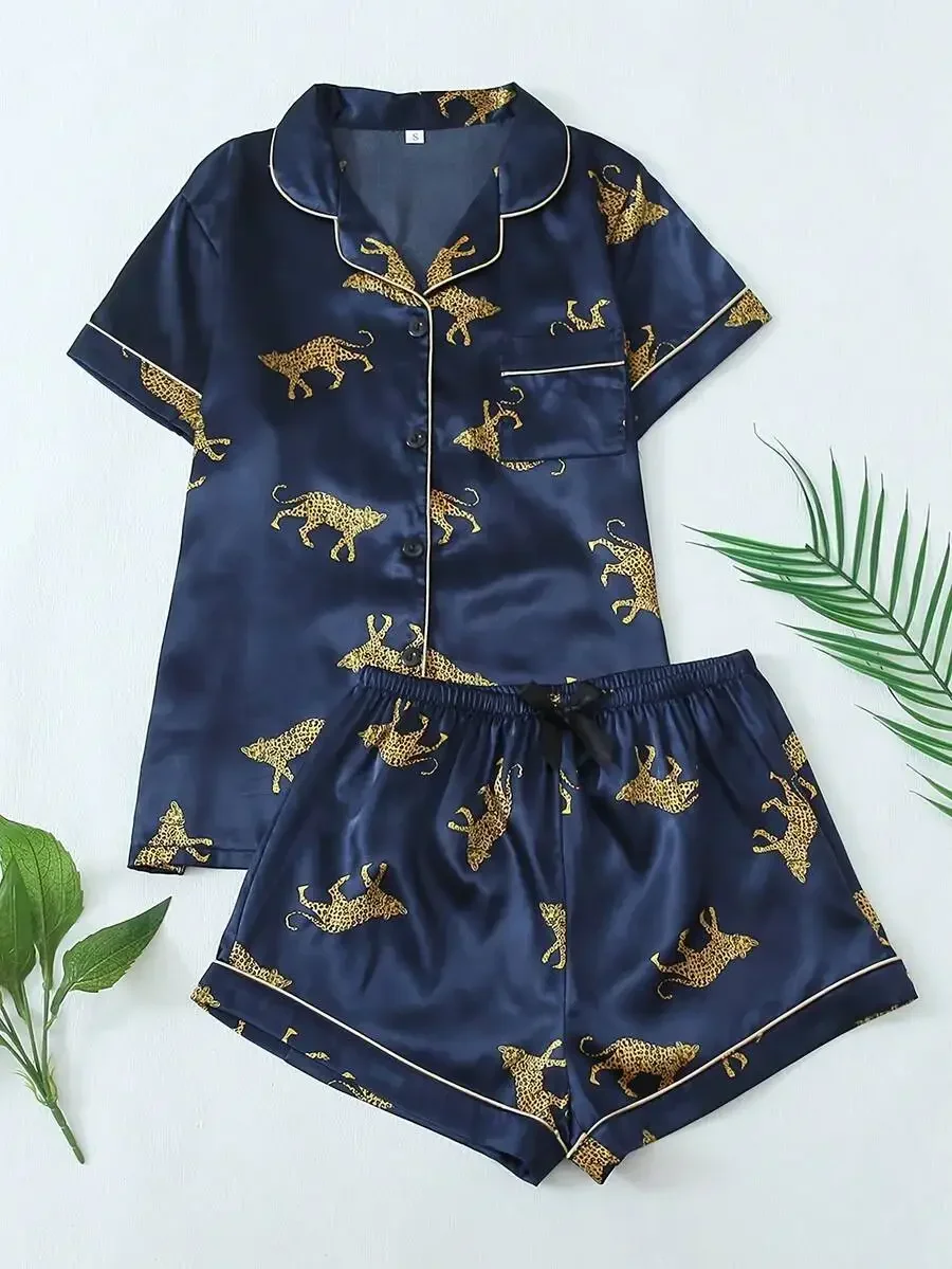 Satin Leopard Print Women Pajama Set Short Sleeve Sleepwear
Satin Leopard Print Women Pajama Set Short Sleeve Sleepwear
