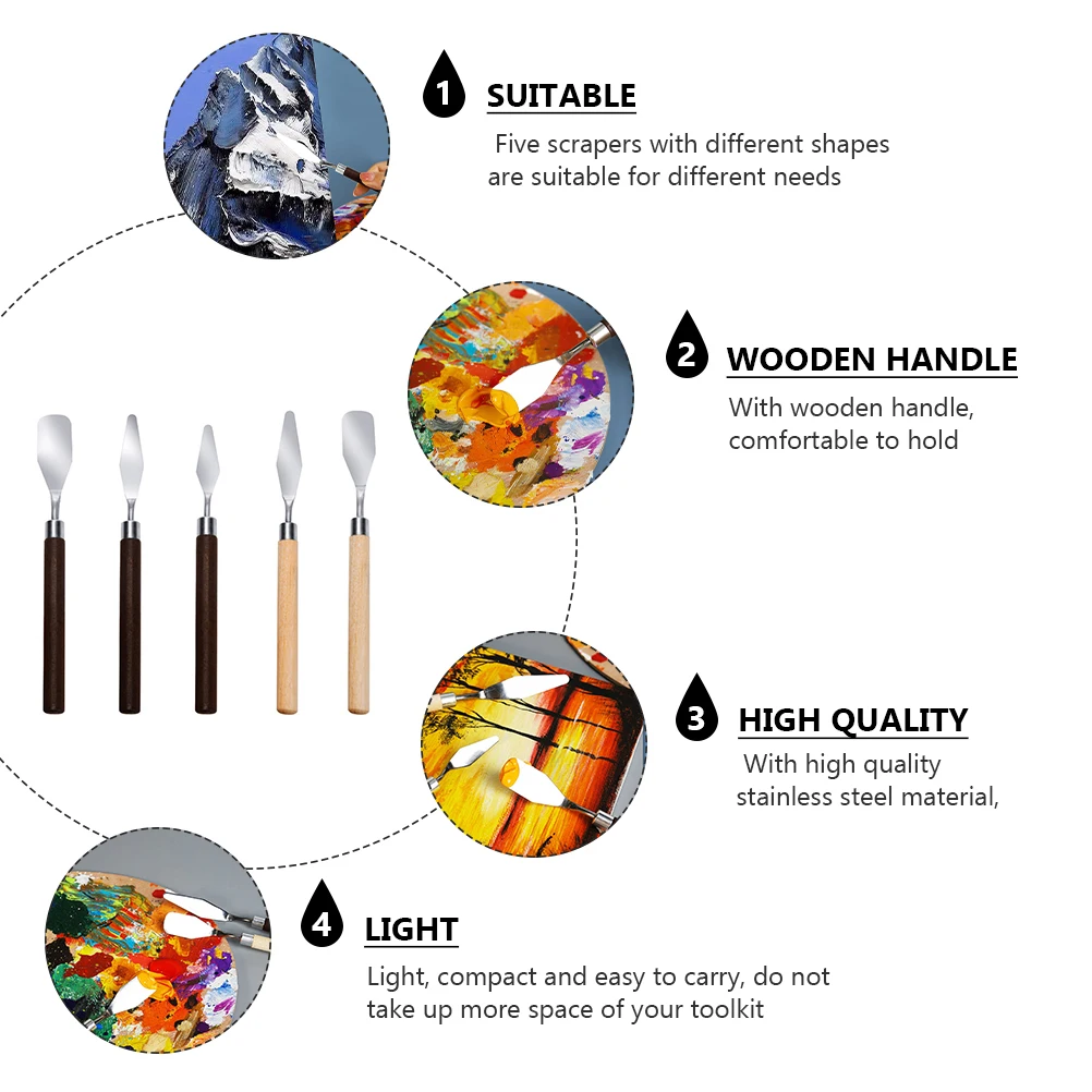 5pcs Oil Painting Scraper Set Stainless Steel Palette Spatula Gouache Art Knife Tools Color Mixing Sculpture Earth Scraping
5pcs Oil Painting Scraper Set Stainless Steel Palette Spatula Gouache Art Knife Tools Color Mixing Sculpture Earth Scraping