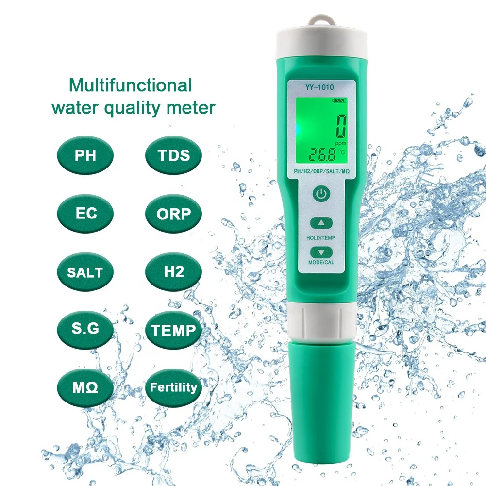 10 in 1 Food Salinity Meter PH/ORP/EC/H2 /S.G /TDS/SALT/TEMP/Resistivity Fertilizer Water Quality Tester for Food Aquarium Pool
10 in 1 Food Salinity Meter PH/ORP/EC/H2 /S.G /TDS/SALT/TEMP/Resistivity Fertilizer Water Quality Tester for Food Aquarium Pool