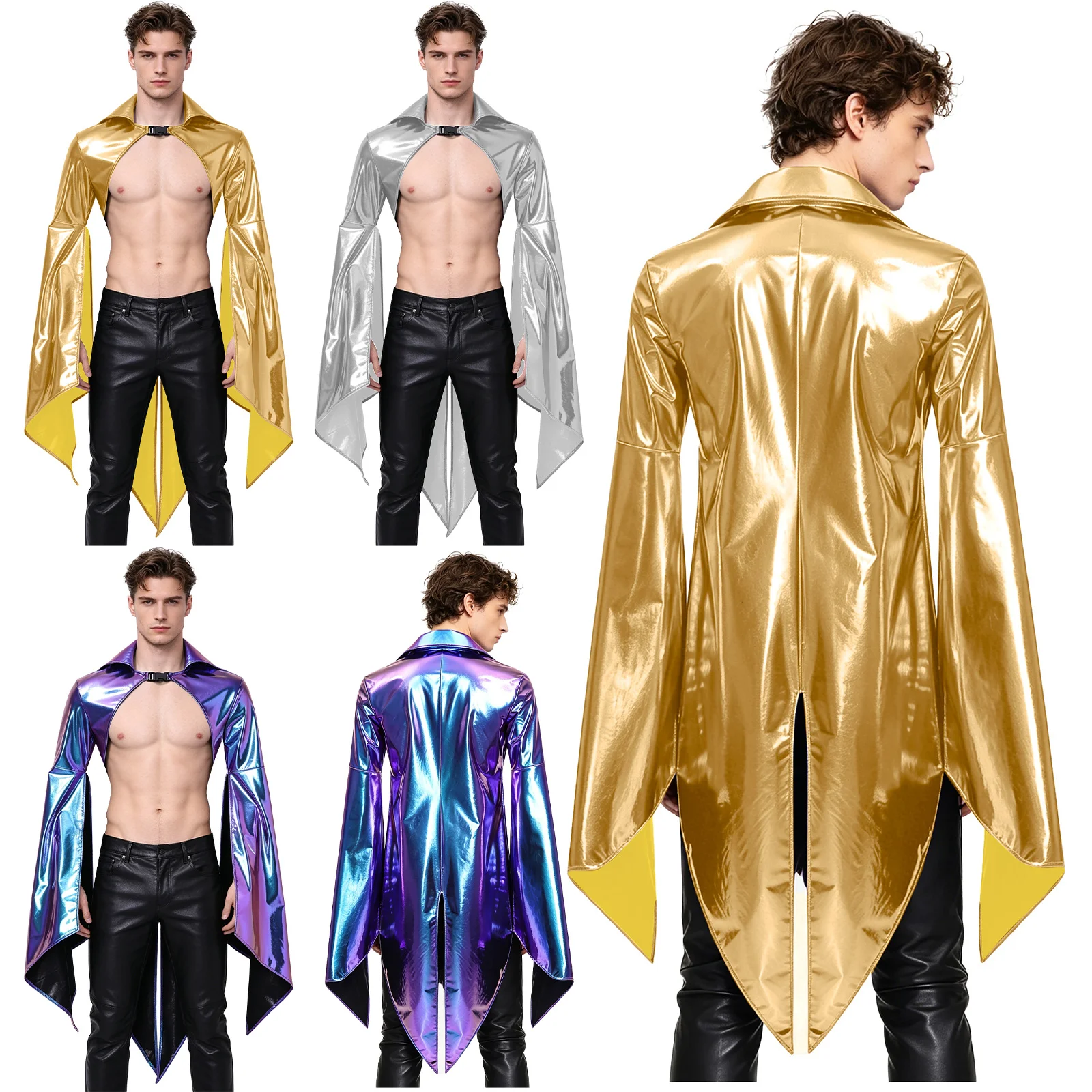 Mens Vintage Gothic Asymmetrical Shiny Cape Gothic Cloak Jacket Tops Flared Cuffs Front Buckle Tailcoat Gothic Punk Outerwear
Mens Vintage Gothic Asymmetrical Shiny Cape Gothic Cloak Jacket Tops Flared Cuffs Front Buckle Tailcoat Gothic Punk Outerwear