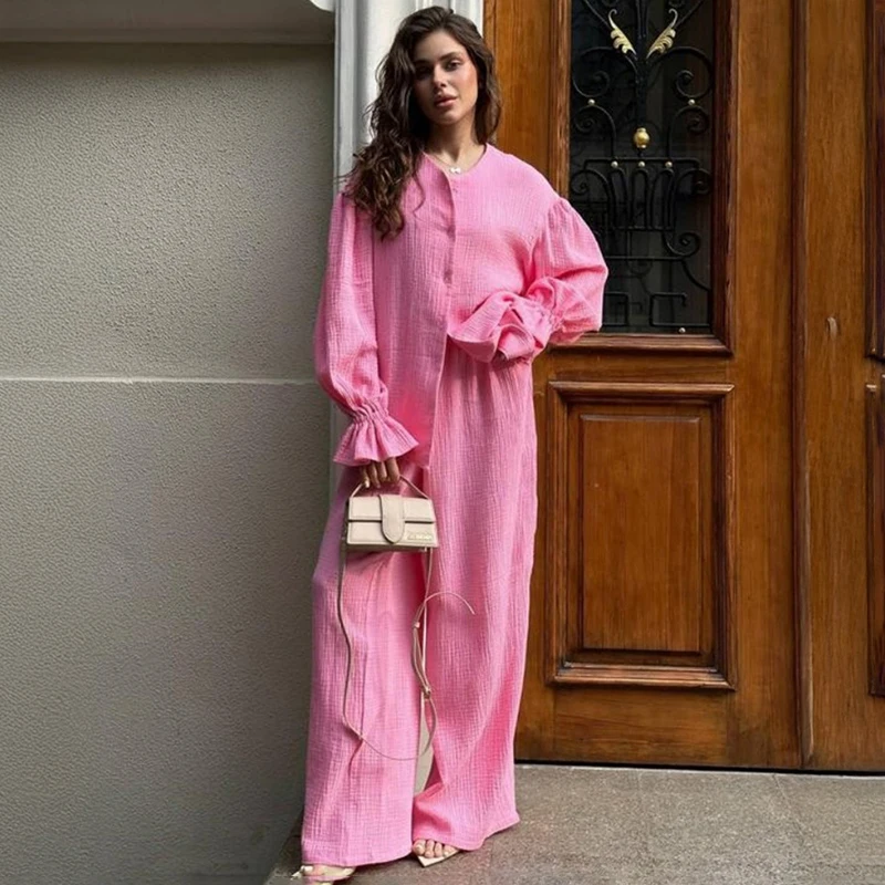 TARUXY Топ с рукавами-фонариками, брюки из чистого хлопка, женский осенний однотонный кардиган с длинными рукавами, широкие брюки, женский костюм для отдыха
TARUXY Топ с рукавами-фонариками, брюки из чистого хлопка, женский осенний однотонный кардиган с длинными рукавами, широкие брюки, женский костюм для отдыха