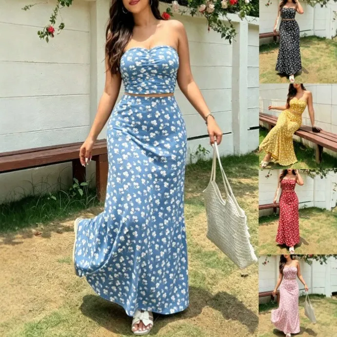 Women's 2-piece Set Floral Print Long Dress Two Piece High Waist Skirt Maxi Dress Strapless Crop Top White Floral Dress Elegant
Women's 2-piece Set Floral Print Long Dress Two Piece High Waist Skirt Maxi Dress Strapless Crop Top White Floral Dress Elegant
