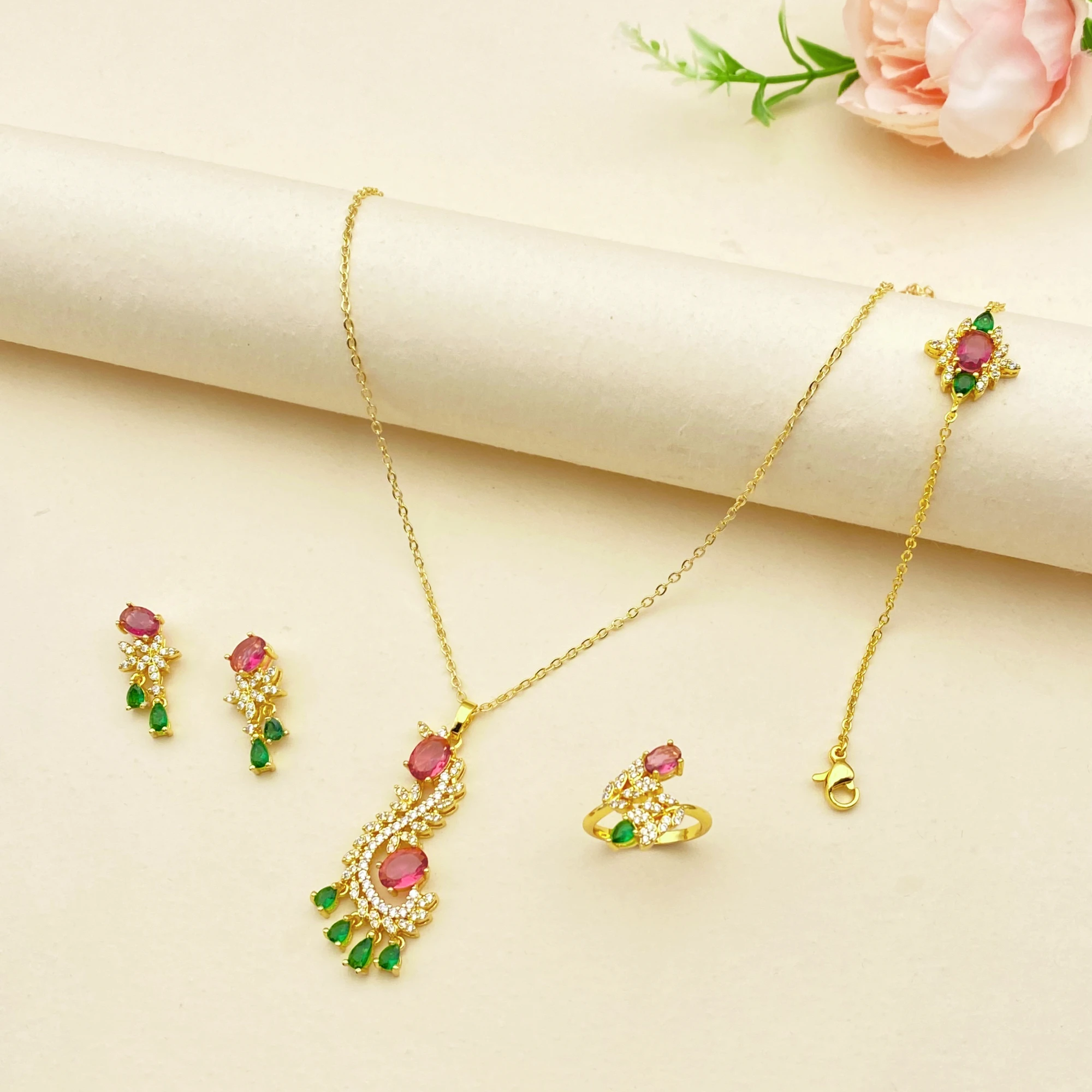 Flora Exquisite Gift Zircon Gold Plated Copper Jewelry Set Bracelet Ring Necklace Earrings Gift For Lady Complete
Flora Exquisite Gift Zircon Gold Plated Copper Jewelry Set Bracelet Ring Necklace Earrings Gift For Lady Complete