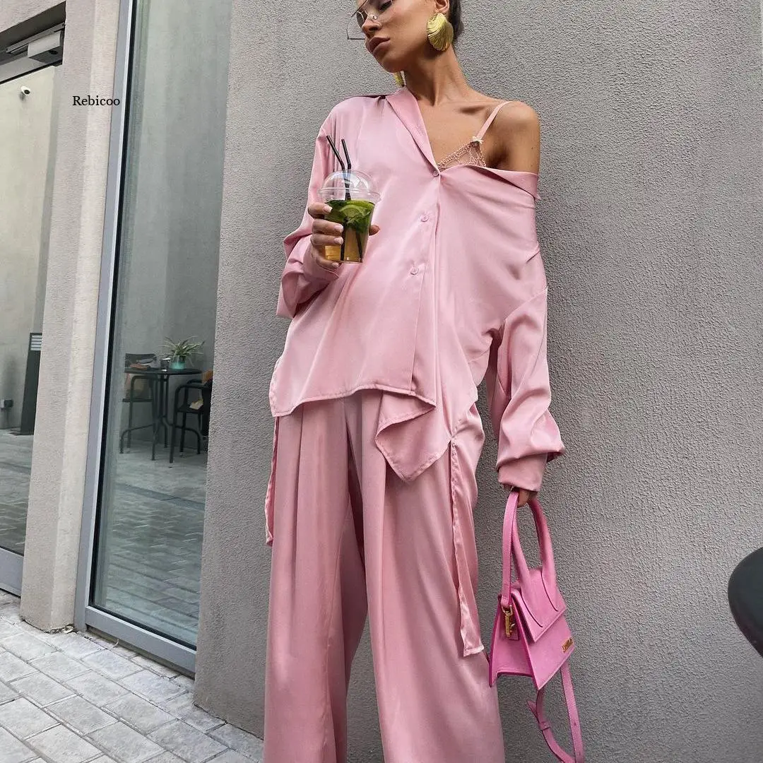 2022 Satin High Waist Pants Set Pink Women Elegant Long Sleeve Blouse Shirt Two Piece Pant Set Casual Wide Leg Trousers Suit
2022 Satin High Waist Pants Set Pink Women Elegant Long Sleeve Blouse Shirt Two Piece Pant Set Casual Wide Leg Trousers Suit