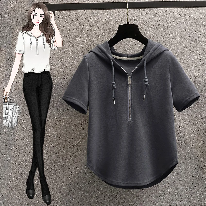 plus Size Summer Thin Short Sleeve Hoodie Trendy Age-Defying T-Shirt Short Length Top for Plump Sister Commute Style Pure Color
plus Size Summer Thin Short Sleeve Hoodie Trendy Age-Defying T-Shirt Short Length Top for Plump Sister Commute Style Pure Color