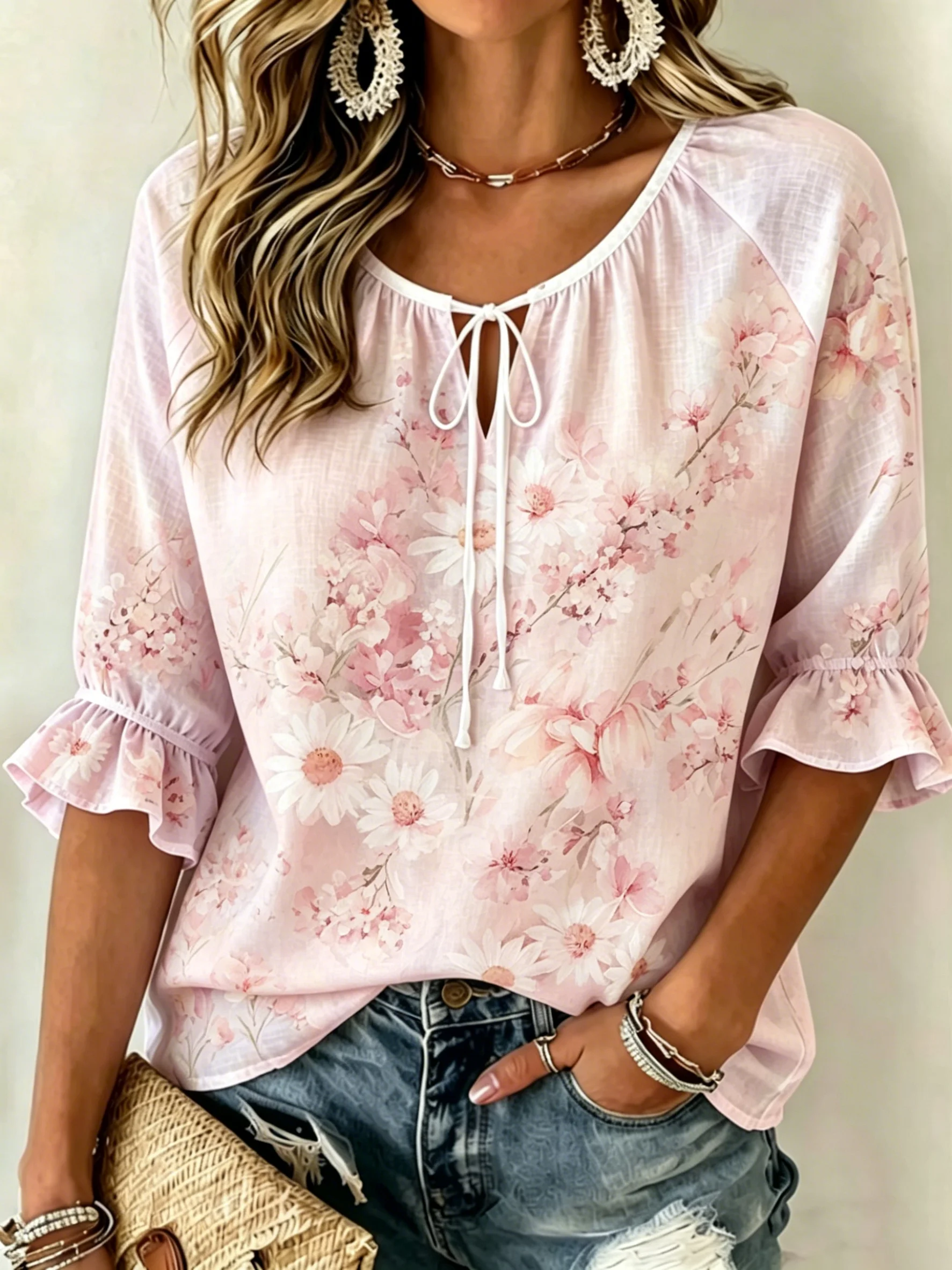 Women's Spring Summer Casual Blouse, Pink Cherry Blossom Floral Print Tops for Daily Street Holiday Dating & Leisure Outfit
Women's Spring Summer Casual Blouse, Pink Cherry Blossom Floral Print Tops for Daily Street Holiday Dating & Leisure Outfit
