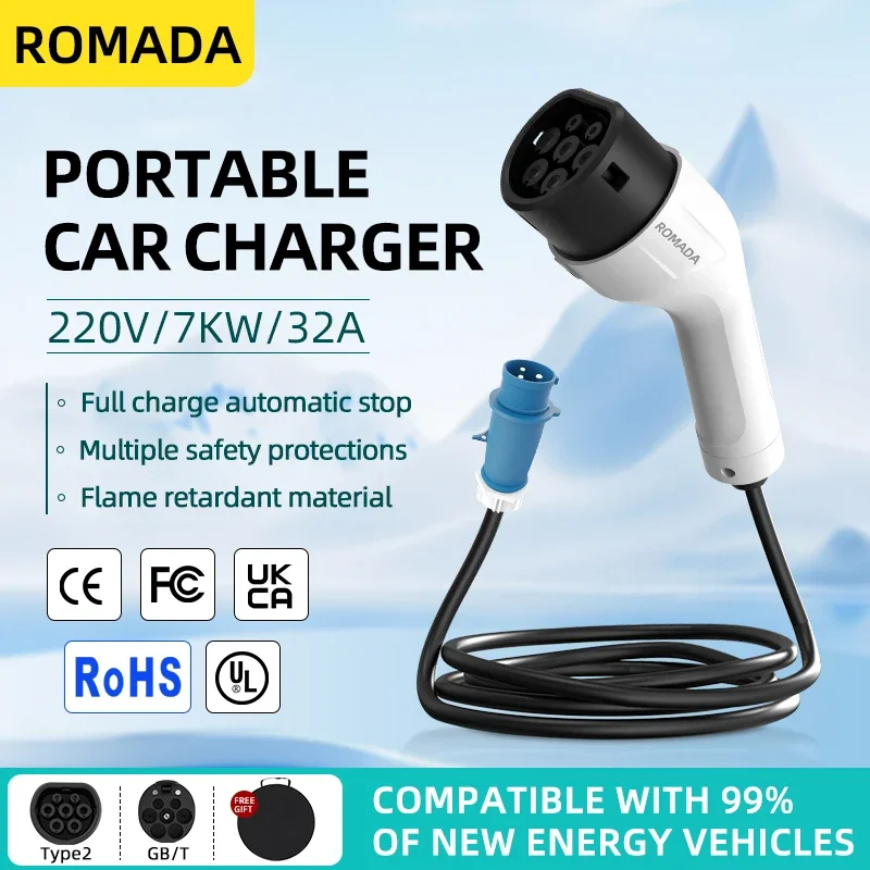 ROMADA Portable EV Charger 32A 7KW Type2 CEE Plug, IP66 Waterproof EV Charging Cable 3-20M for Electric Car Home Use
ROMADA Portable EV Charger 32A 7KW Type2 CEE Plug, IP66 Waterproof EV Charging Cable 3-20M for Electric Car Home Use