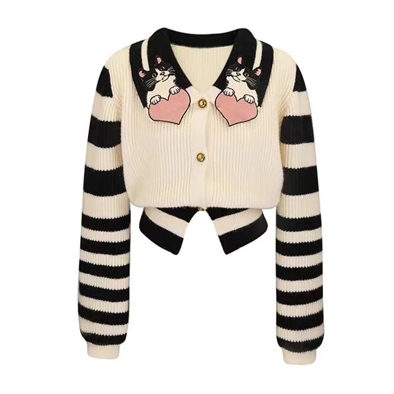 Cat Embroidery Knitwear Woman Sweater Turn Down Collar Casual Knitted Cardigan Female Spring Autumn Long Sleeve Sweater Jacket
Cat Embroidery Knitwear Woman Sweater Turn Down Collar Casual Knitted Cardigan Female Spring Autumn Long Sleeve Sweater Jacket