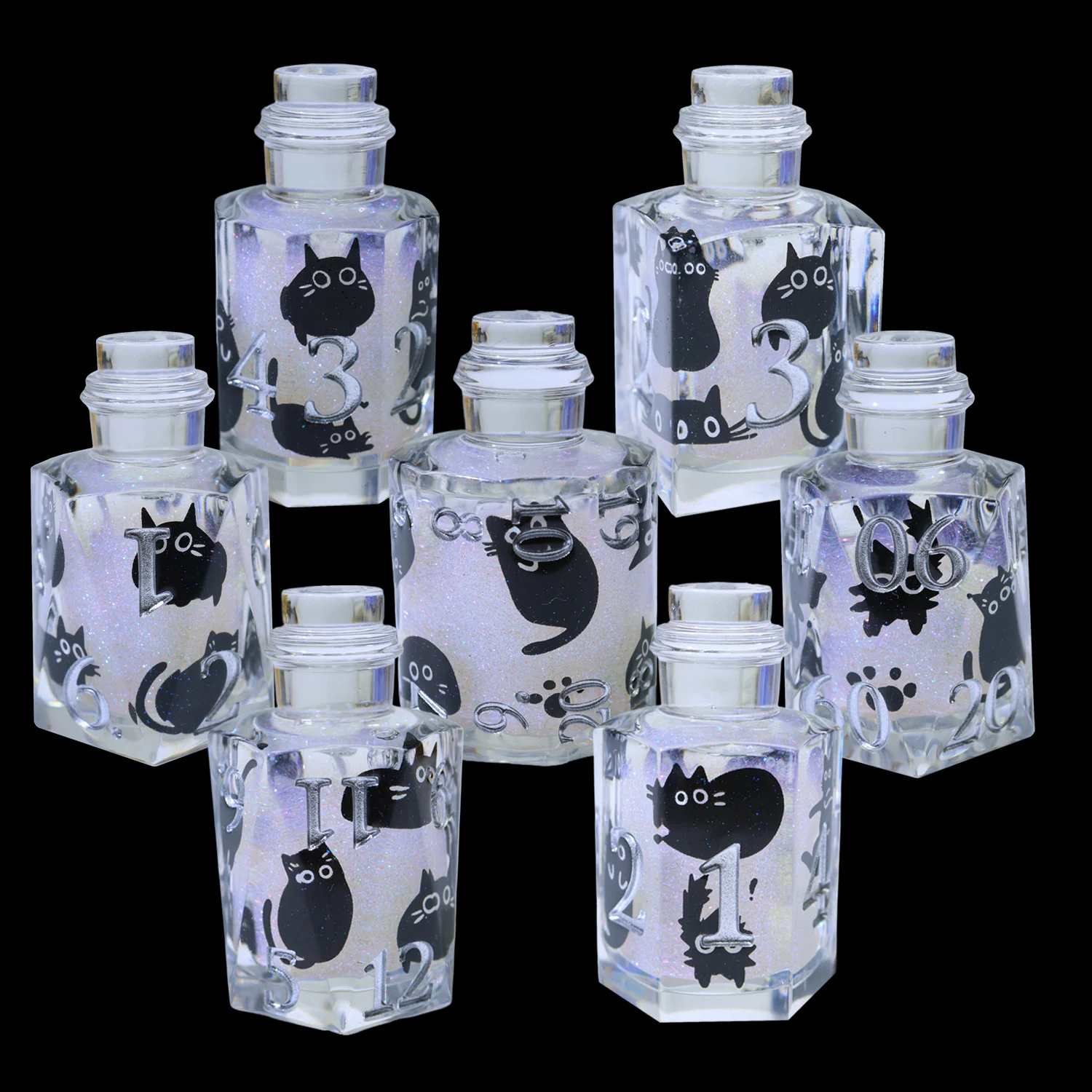 Liquid Core DND Dice Set - Potion Bottle Shape Polyhedral Resin Dice with Black Cat Silhouette & Silver Numbers - BOT2
Liquid Core DND Dice Set - Potion Bottle Shape Polyhedral Resin Dice with Black Cat Silhouette & Silver Numbers - BOT2