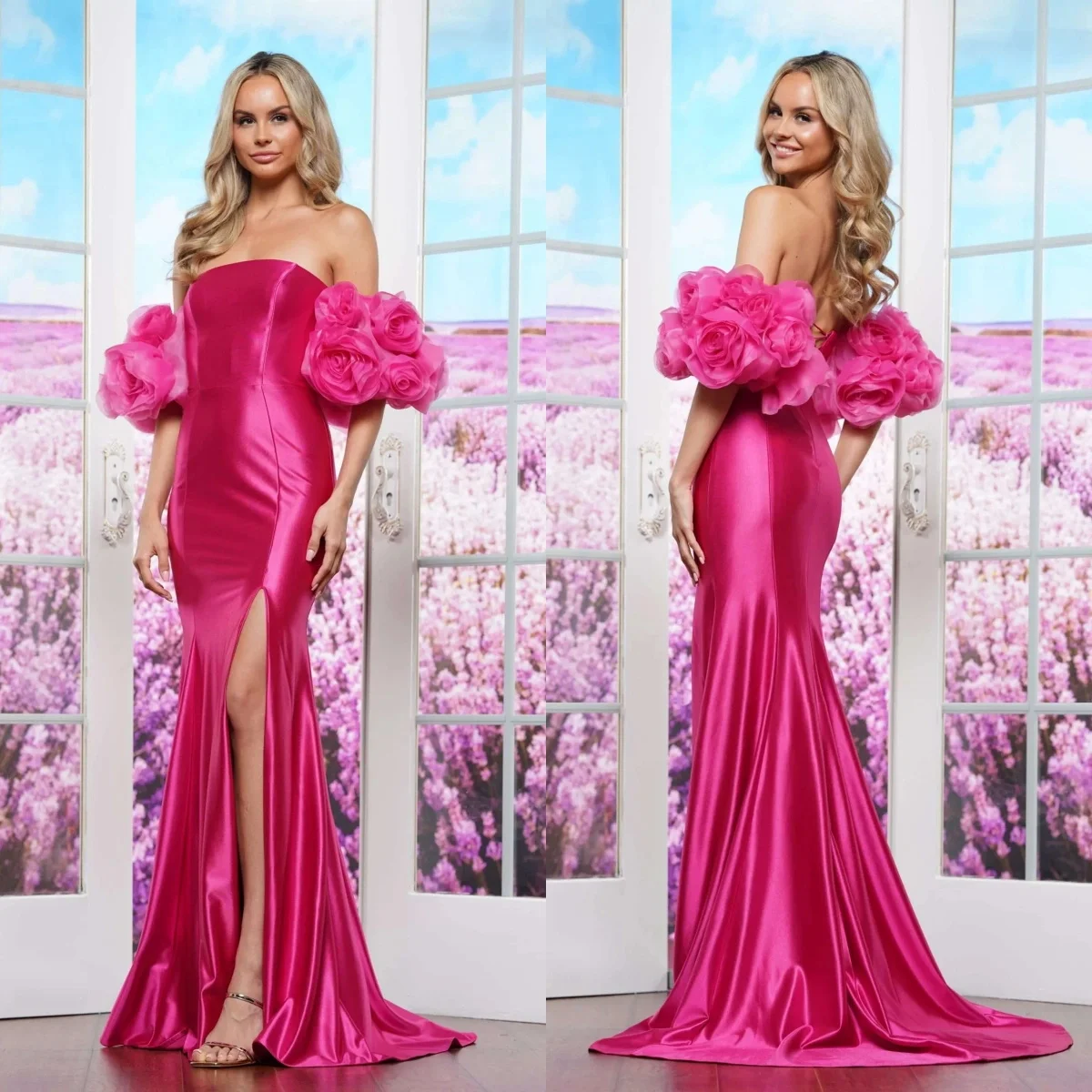 Simple Satin Mermaid Evening Dresses Off Shoulder Floral Appliques Women Prom Gowns Side Split Customized Formal Party Gowns
Simple Satin Mermaid Evening Dresses Off Shoulder Floral Appliques Women Prom Gowns Side Split Customized Formal Party Gowns