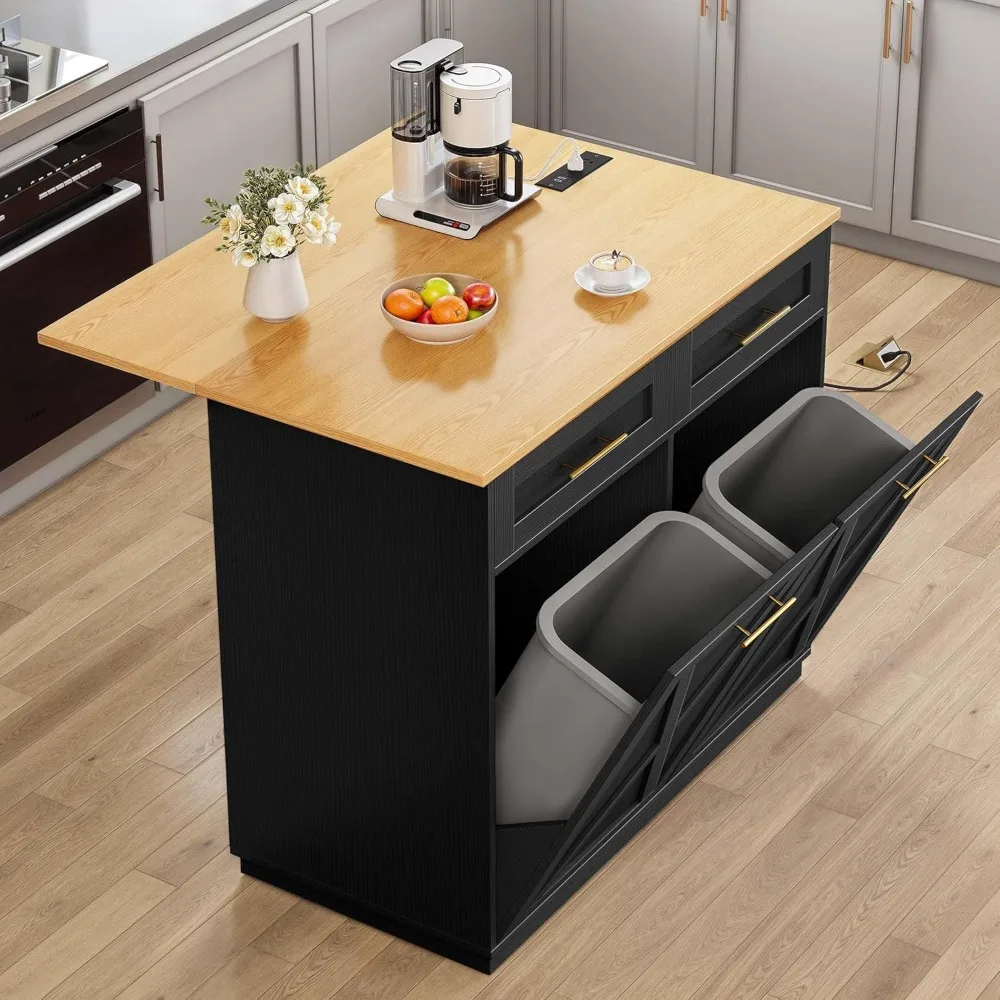 Kitchen Island with Drop Leaf, 40 Inch Double Tilt Out Trash Can Storage Cabinet with Power Outlet, Mobile Storage Islands on W
Kitchen Island with Drop Leaf, 40 Inch Double Tilt Out Trash Can Storage Cabinet with Power Outlet, Mobile Storage Islands on W