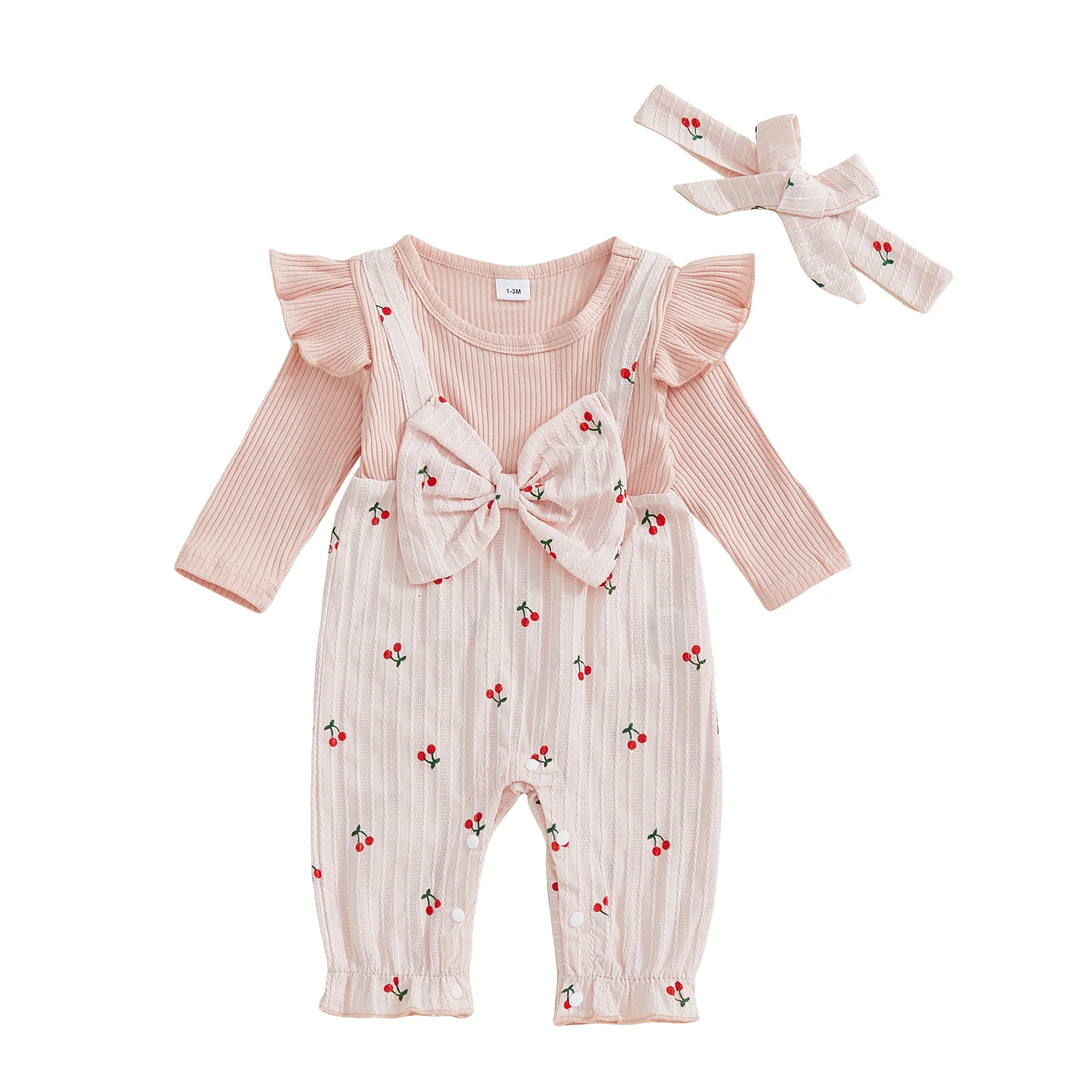 Baby Girl Fall Cherry Outfit Fake Two-piece Long Sleeve Ribbed Romper and Headband 2 Piece Set 
Baby Girl Fall Cherry Outfit Fake Two-piece Long Sleeve Ribbed Romper and Headband 2 Piece Set