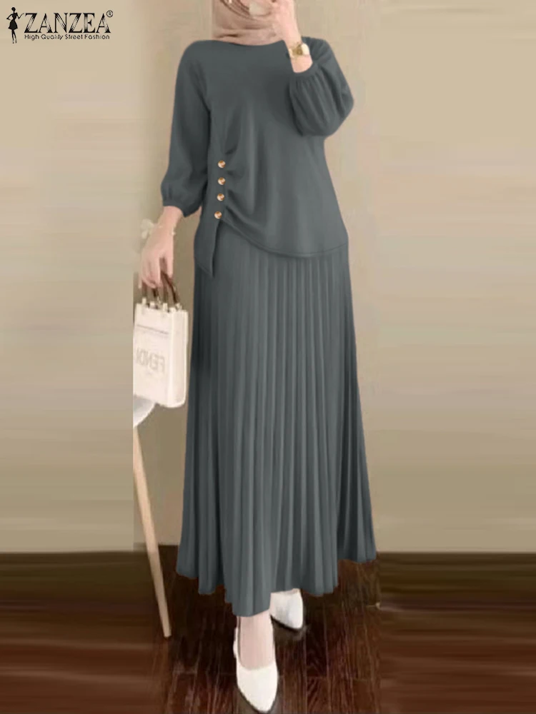 ZANZEA Muslim Woman 2PCS Outfits Skirt Sets Islamic Fashion Solid Color 3/4 Sleeve Ruched Tops Pleated Maxi Skirts 2 Piece Sets
ZANZEA Muslim Woman 2PCS Outfits Skirt Sets Islamic Fashion Solid Color 3/4 Sleeve Ruched Tops Pleated Maxi Skirts 2 Piece Sets